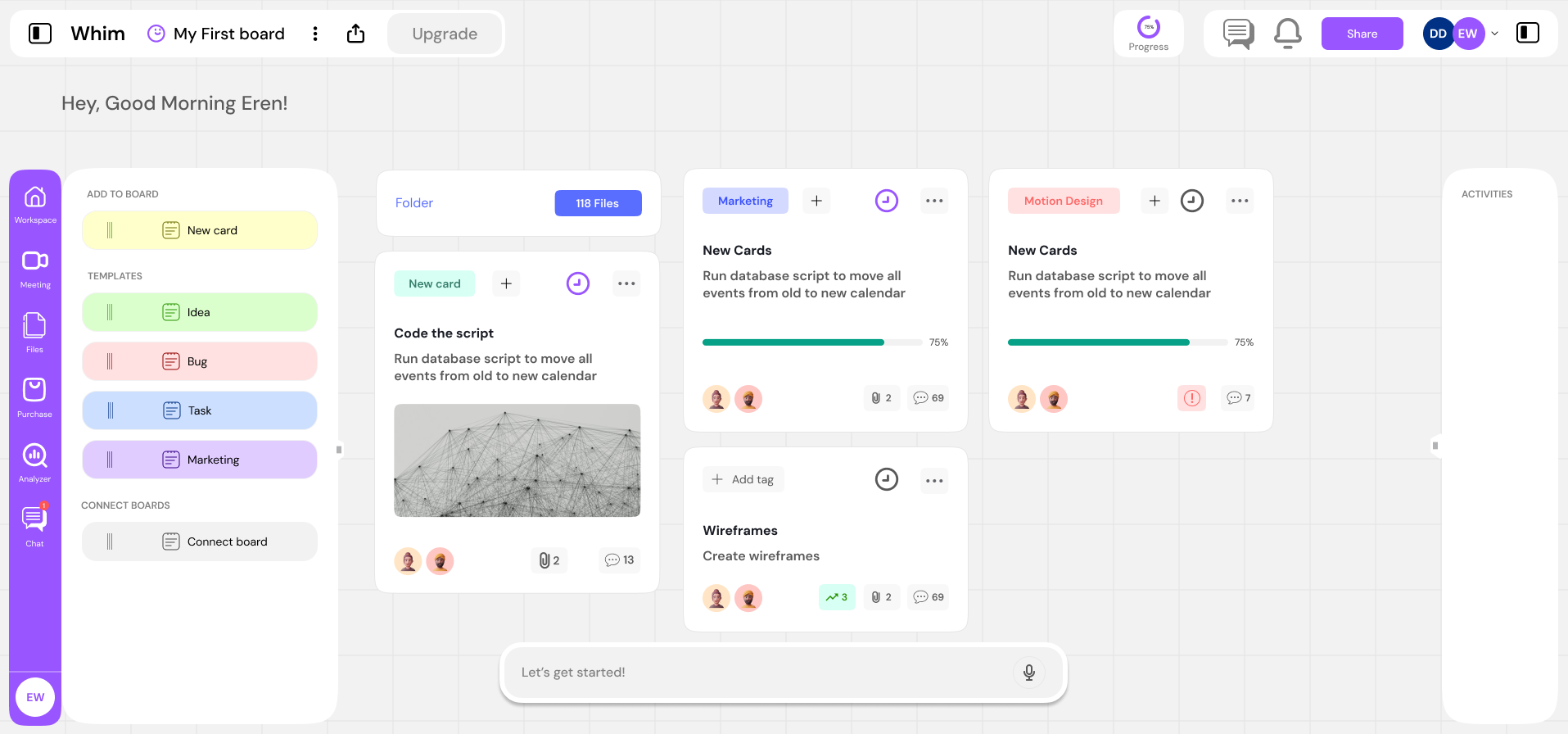 Whim Canvas workspace showing task cards and progress